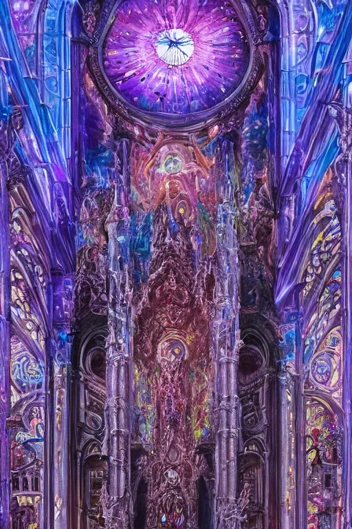 Image similar to intricately detailed calm warm terrifying forms and made of soft translucent blue and violet plastic, glowing cosmic nebulae in an ornate rococo cathedral, intricately detailed colorful modern style by Damien Hirst, Artstation