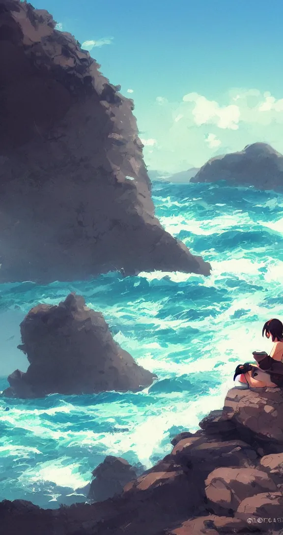 Image similar to Sitting on the rocks Looking out at the waves, lots of ocean, uncluttered, tropical, bright, simple, by Studio Ghibli and Greg Rutkowski, artstation