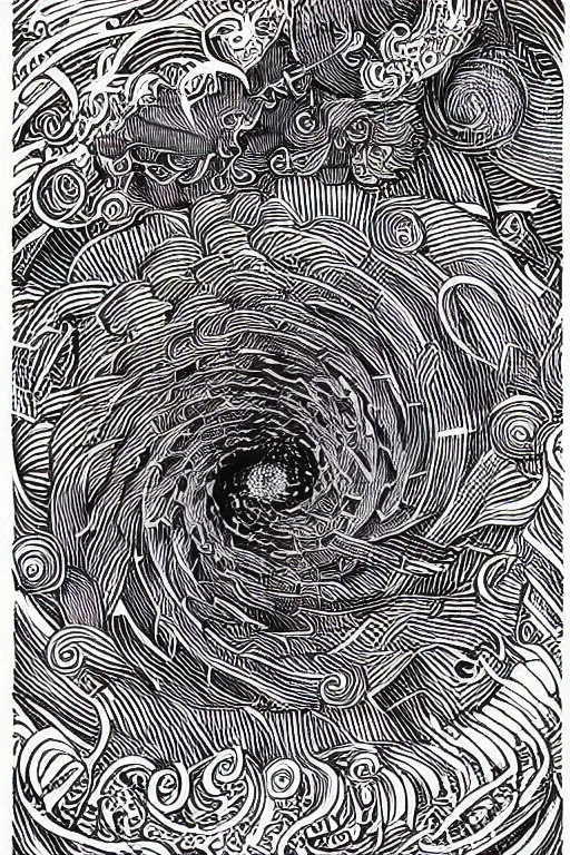 Prompt: infinity spiral negative space black linework on beige paper, illustration, intricate, highly detailed, art by Joe Fenton