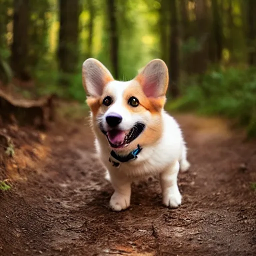 Image similar to 8k highly detailed photograph of a happy gnome riding the most adorable Corgi Puppy, on a forest hiking trail golden hour,