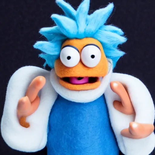 Prompt: rick sanchez as a muppet with peach skin, blue hair wearing a white lab coat. highly detailed felt. hyper real photo. 4 k.