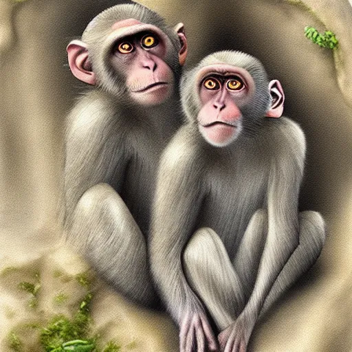 Image similar to two macaques looking at each other inside ancient cave, digital art, soft shadows, creepy art, shadman art