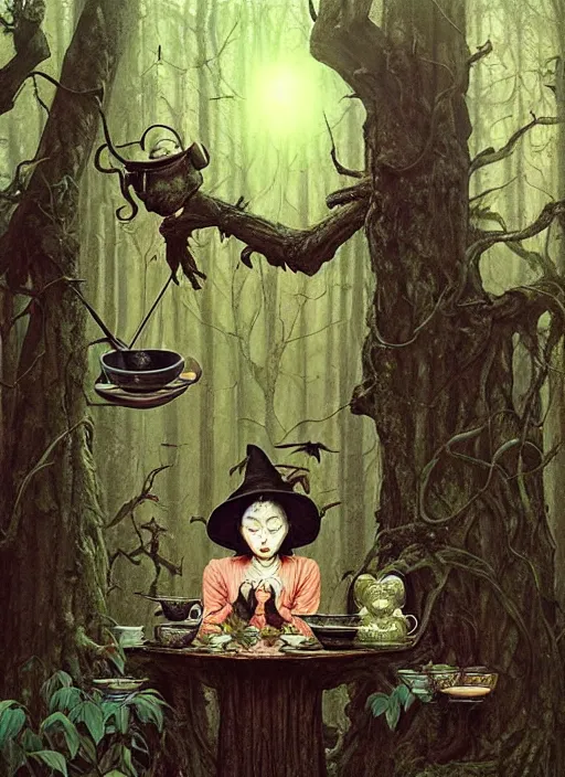 Image similar to witch having tea at a shrine in the woods gorgeous lighting, lush forest foliage a hyper realistic painting by chiara bautista and beksinski and norman rockwell and greg rutkowski weta studio, and lucasfilm