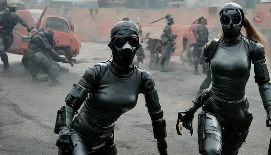 Prompt: ( 1 ) big budget action movie where beautiful female cyborgs in rubber suits and gas masks fight each other in a bloody war