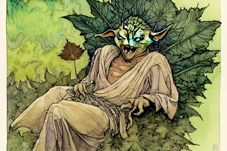 Prompt: a realistic and atmospheric watercolour fantasy character concept art portrait of yoda lying on his back laughing with a pot leaf nearby, by rebecca guay, michael kaluta, charles vess and jean moebius giraud