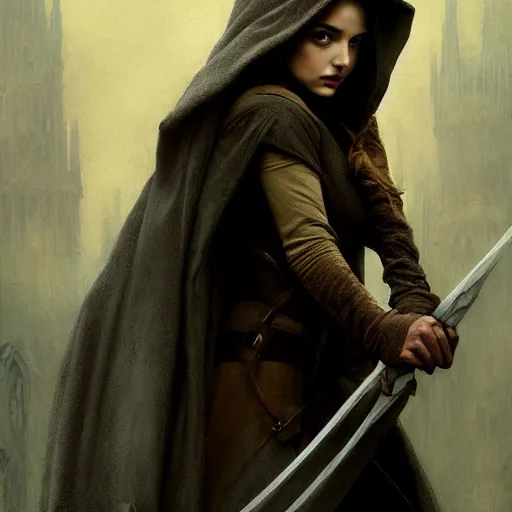 Prompt: half length portrait of ana de armas as a hooded rogue hobbit assassin, d & d, medieval, fantasy, royo, klimt, miro, vallejo, frazetta, alphonse mucha, greg rutkowski, whealan