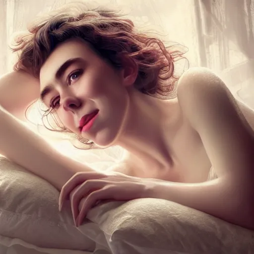 Image similar to stunning photo of dark - haired goddess vanessa kirby smiling, laying back on a pillow, with white tears running down her face, a beautiful closeup, wet lips, perfect eyes, insanely detailed, elegant, by mucha, wlop, rutkowski, livia prima