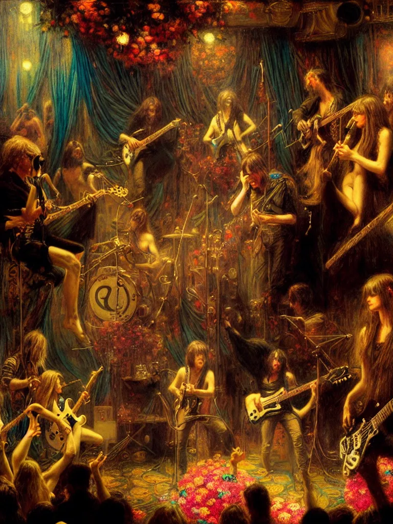 Image similar to the velvet underground and nico playing live on stage at a night club, beautiful stage decoration with flowers in the background, painting by gaston bussiere, very detailed and colorful and toned down and ornamental and moody and cool and relaxed and high on drugs, trending on artstation, behance contest winner