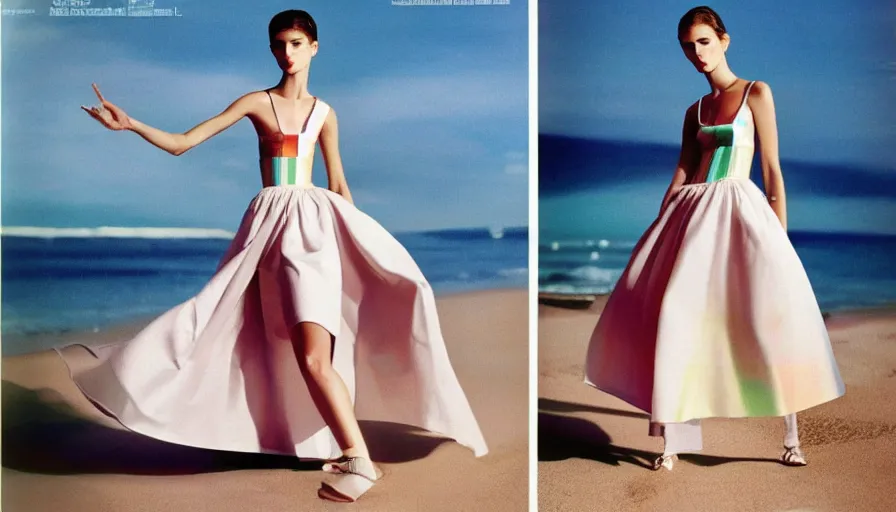 Prompt: 1 9 9 8 italia vogue magazine photo of a dress with cotton underskirt set, christian dior style, mediterranean beach background, refracted color lines, night, flash photography