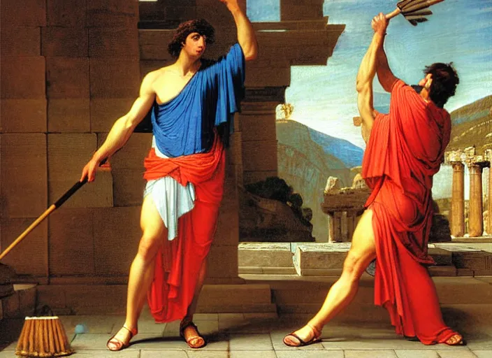 Prompt: painting of a man in ancient greek dress holding a broom, the temple of apollo at delphi in the midground, valley in the distance, in the style of jacques - louis david, neoclassical, in the style of john william waterhouse, extremely detailed