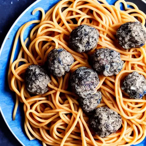 Prompt: a plate of spaghetti with blue colored meatballs, food photography
