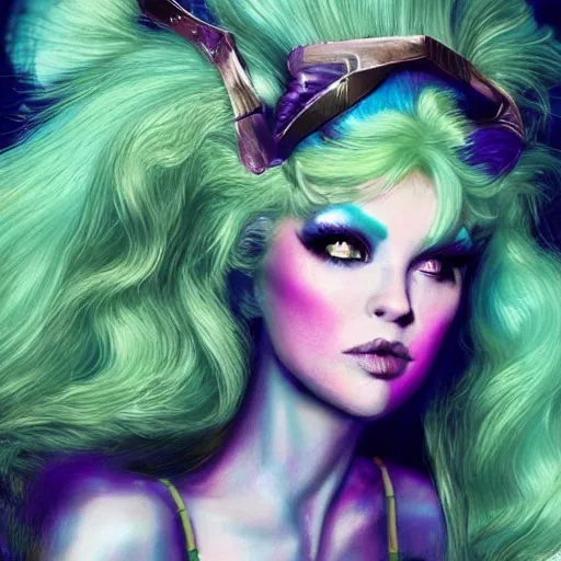 Image similar to Glam hair, 80s hair, Elf girl with blue skin, alien skin, blue elf, blue, blue-skinned elf, green hair, hairspray, big hair, wild hair, glam make-up, 80s, illustration, fantasy art, trending on ArtStation, 1980s fantasy art