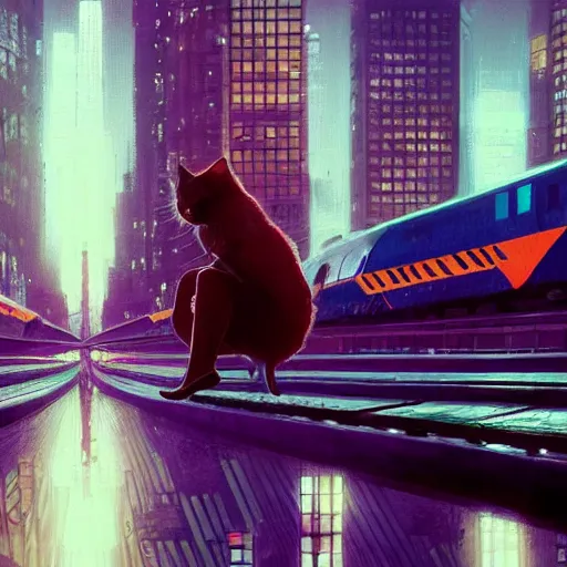 Image similar to chillwave scene of girl and cat, moment, cyberpunk elevated train, electronic billboards, tech noir, wet reflections, atmospheric, ambient, livia prima, greg rutkowski, edward hopper, pj crook