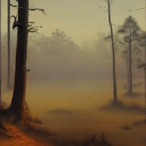 Prompt: dangerous swamp, a bit foggy, bizarre pines, dirt track, hudson river school painting, naturalism