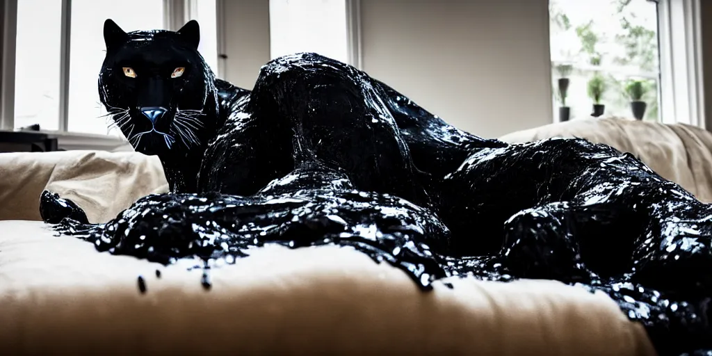 Image similar to the smooth black panther, made of smooth black goo, laying on the couch in the living room after bathing in the ferrofluid, viscous, sticky, full of tar, covered with black goo. photography, dslr, reflections, black goo