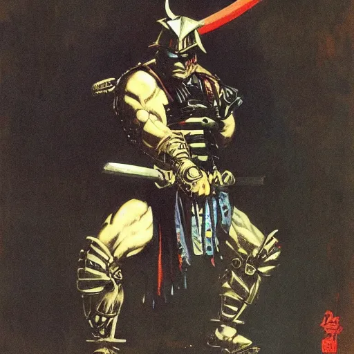 Prompt: a dark samurai painted by Frank Frazetta