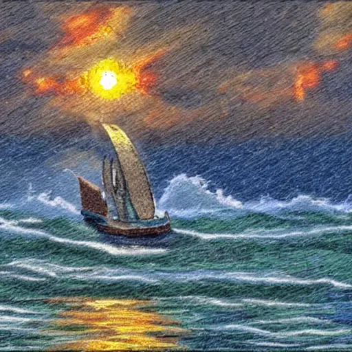 Image similar to sailing boat in storm, dramatic sunrise, huge waves, mosaic,