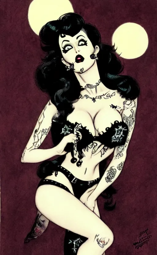 Image similar to goth girl with a detailed face and black hair below a full moon, burlesque psychobilly, rockabilly, punk, white background, drawing, illustration by frank frazetta