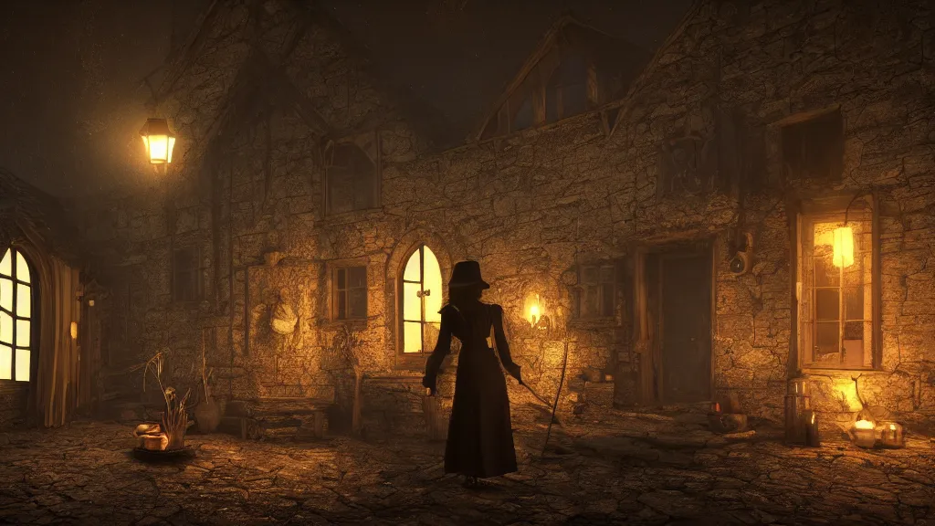 Image similar to A witch in the shadows of a dark decrepit medieval cottage at night, highly detailed interior, hyperrealistic, V-Ray render, 8k UHD