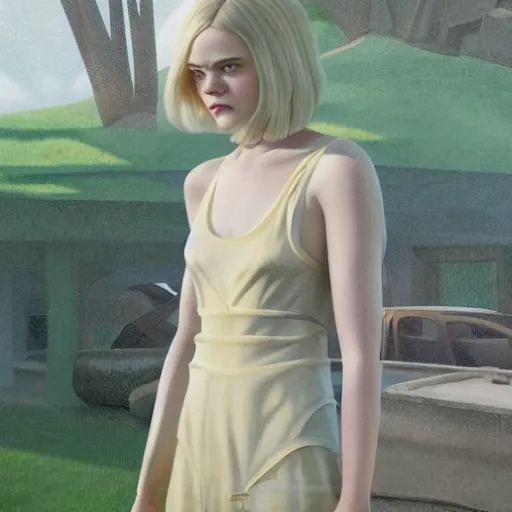 Prompt: Elle Fanning, head and shoulders masterpiece, in Halo 2, in a garden, artstation, in the style of Art Deco and Edward Hopper and Bosch, extremely detailed