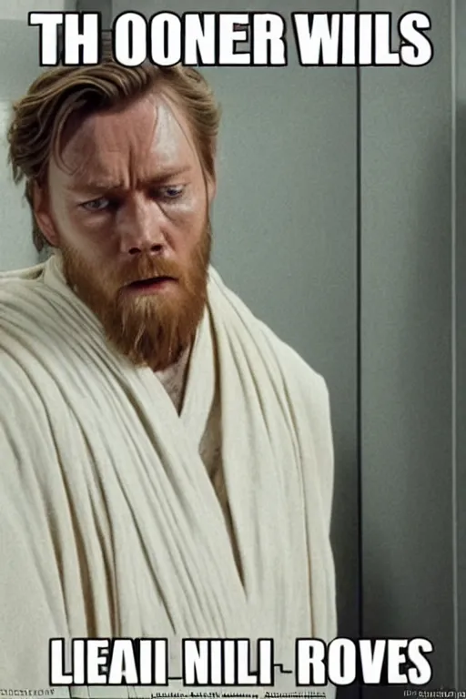 Image similar to Obi-Wan crying with a look of anguish on the toilet after realising there's no more toilet paper