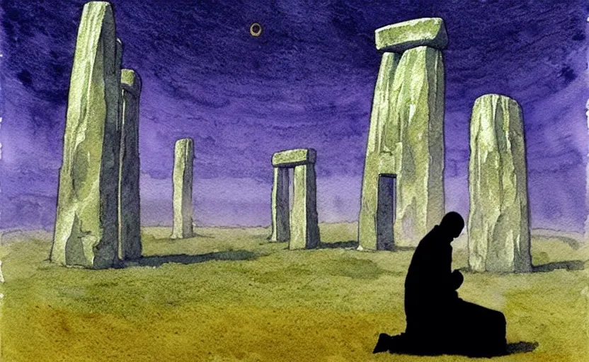 Image similar to a hyperrealist watercolour character concept art portrait of a grey medieval monk kneeling down in prayer in front of a tall alien structure built on top of stonehenge on a misty night. by rebecca guay, michael kaluta, charles vess and jean moebius giraud