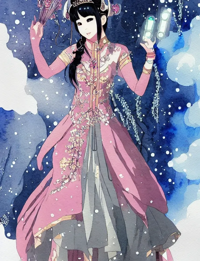 Image similar to southeast asian princess of the snowy mountains, wearing a lovely dress with cyberpunk elements. this watercolor painting by the award - winning mangaka has an interesting color scheme, plenty of details and impeccable lighting.