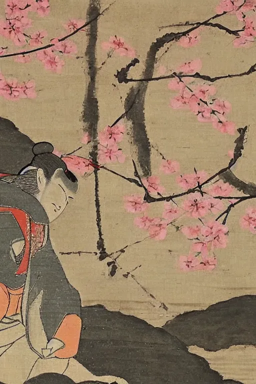 Prompt: an ancient scroll painting of a samurai sitting under a sakura tree next to a pond, he is holding a smartphone in his hand