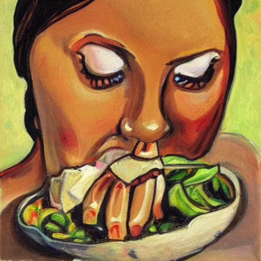 Image similar to a Picaso's painting about a women eating, hyperdetailed, award winner