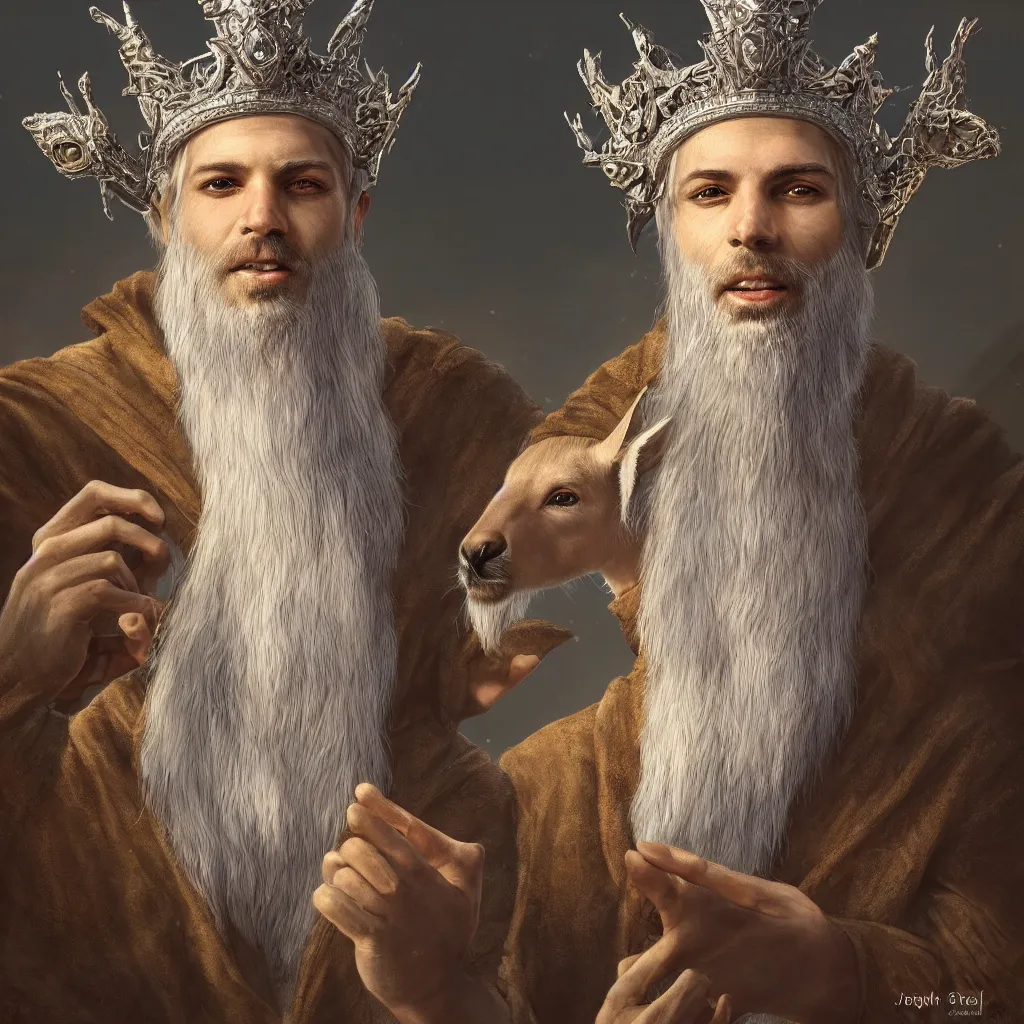 Image similar to Highly detailed portrait of kangaroo with white hair and beard wearing a crown, adventure game, D&D, fantasy art by joseph karl stieler, global illumination, radiant light, detailed and intricate environment