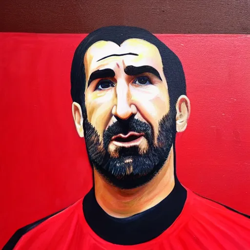 Image similar to a painting of Eric Cantona, in front of a red wall, dripping.