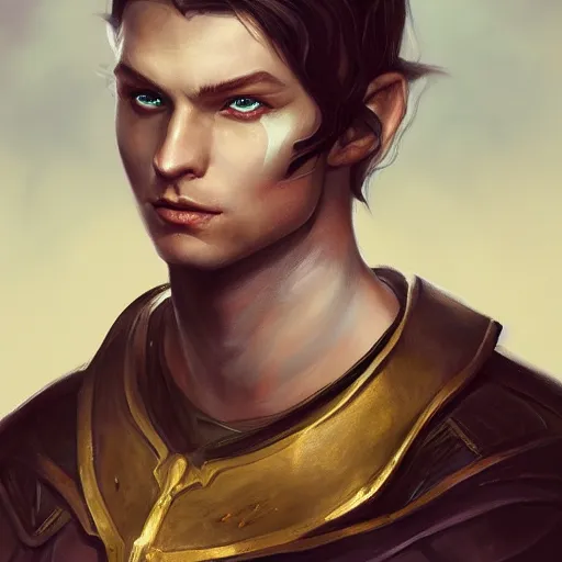 Image similar to a detailed matte head - on portrait painting of an tiefling nobleman with white skin, golden eyes and short well kept hair, by charlie bowater, lise deharme, wlop, tending on arstation, dungeons and dragon, dnd, pathfinder, fanart, oil on canvas