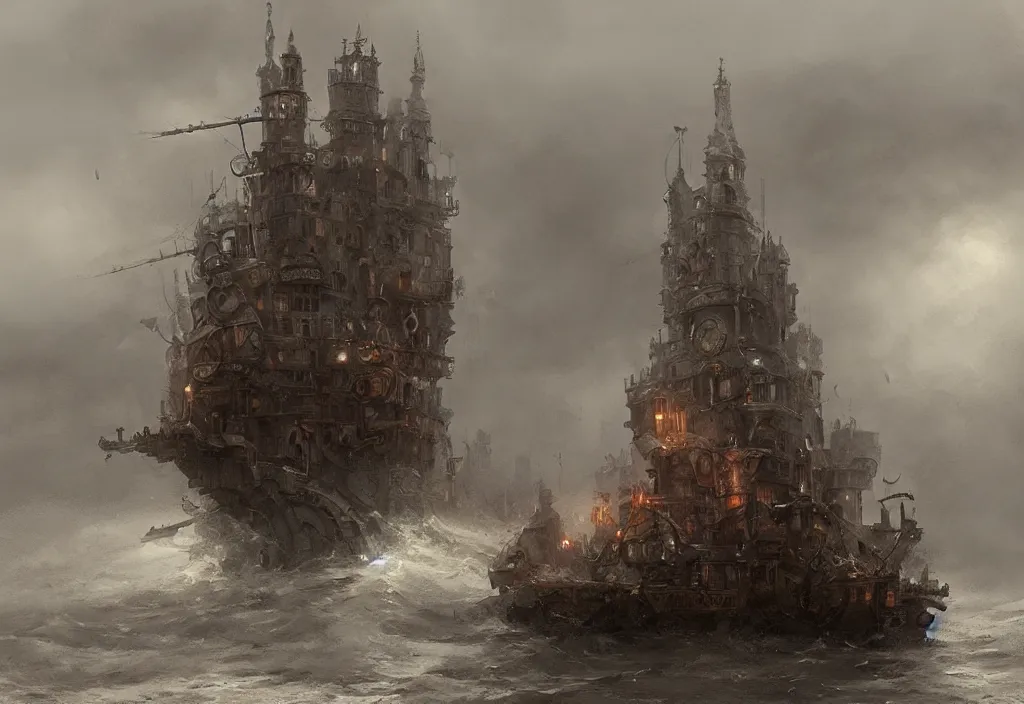 Prompt: a huge steampunk ship with a castle on top, stormy waters, rain, foggy, artstation, jakub rozalski, high detail