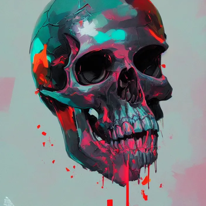 Prompt: a colorful comic noir illustration painting of a cyberpunk skull by sachin teng and sergey kolesov and ruan jia and heng z. graffiti art, sci fi, hyper detailed. octane render. trending on artstation