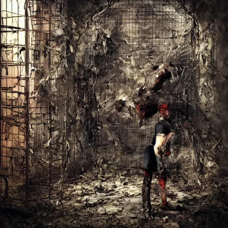 Image similar to black raven locked inside cage, extreme details, hopeless, postapocalyptic picture, very emotional, ruins around the cage, nuclear explosion, erik johansson style, conceptual art, the last day on the earth, insane detail, blood, saturated, hyper realistic 8 k textured