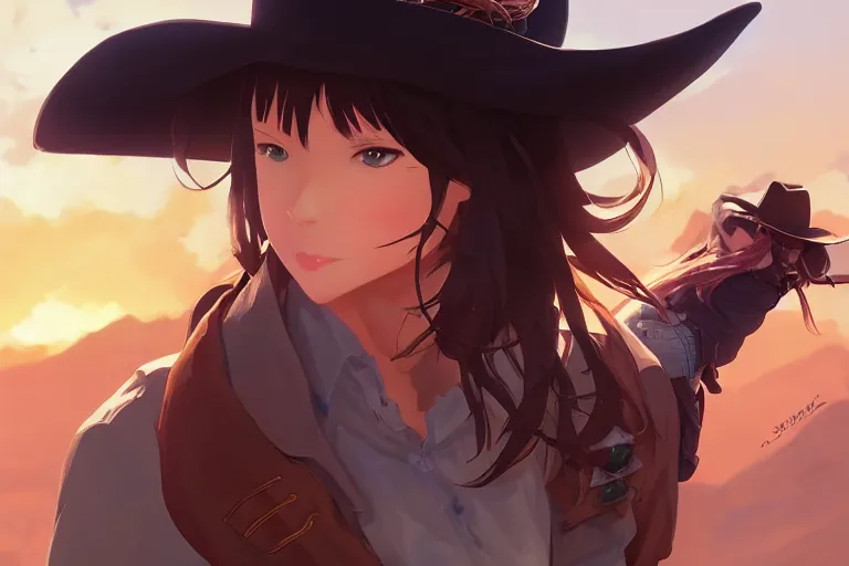 Image similar to western cowgirl, single centered subject, scenic full shot, ambient lighting, detailed face, by makoto shinkai, stanley artgerm lau, wlop, rossdraws