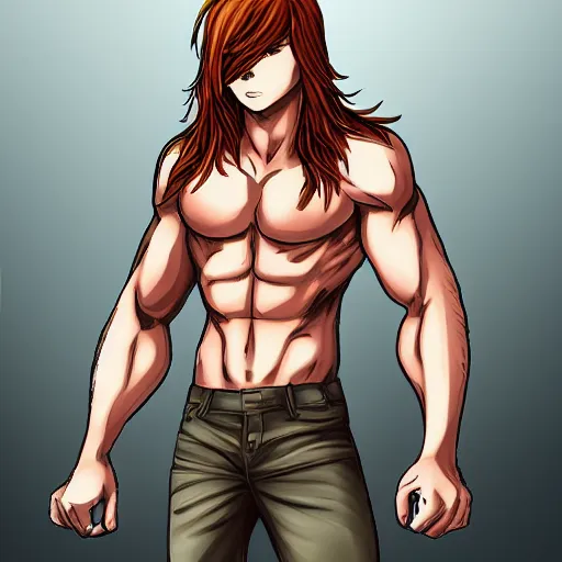 Prompt: well built man, rusty colored long hair, anime, high details,