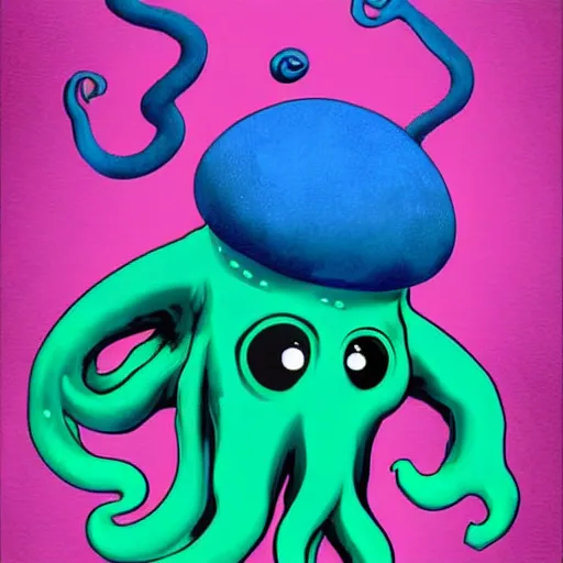 Prompt: an illustration of a cute cthulhu monster by jack kirby moving it's tentacles against a blue background, digital art