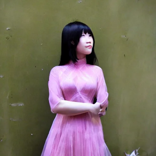 Image similar to cute vietnamese girl in semitransparent club dress, dark techno trip