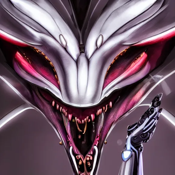 Image similar to close up mawshot of a cute elegant beautiful stunning anthropomorphic female robot dragon, with sleek silver metal armor, glowing OLED visor, facing the camera, the open maw being highly detailed and soft, with a gullet at the end, you looking into the maw, food pov, micro pov, vore, digital art, pov furry art, anthro art, furry, warframe art, high quality, 3D realistic, dragon mawshot, maw art, macro art, micro art, dragon art, Furaffinity, Deviantart, Eka's Portal, G6
