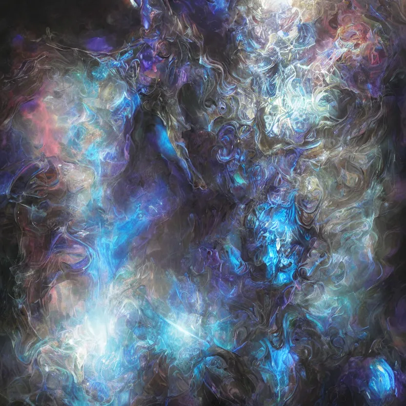 Prompt: neoclassicist renaissance full body portrait of high intelligent blue demon seated inside singularity, with high tech body connection implants interface. iridescent textures. glowing fog, black background. highly detailed fantasy science fiction painting by chris cunningham and vrubel. dark and volumetric. trending on artstation