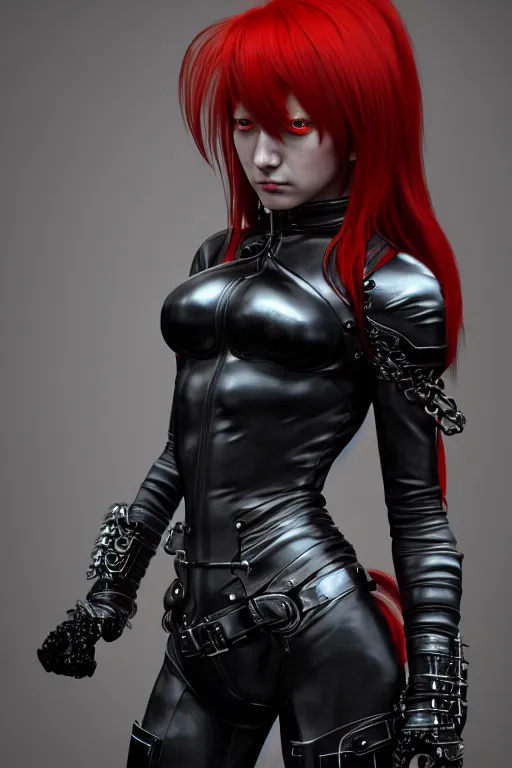 Image similar to redhead girl black leather with metal, character concept, angry light, dark mood, realistic body features and face, illustration, painting oil on canvas by Ayami Kojima and Tomoyuki Yamasaki and Tsutomu Nihei, octane render trending on artstation, 4k, 8k, HD