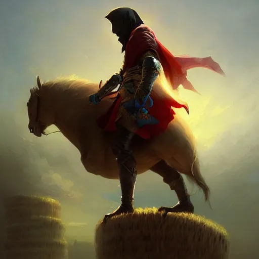 Image similar to ezio standing on a house falling into the hay bale made by ivan aivazovsky, peter mohrbacher, greg rutkowski volumetric light effect broad light oil painting painting fantasy art style sci - fi art style realism premium prints available artwork unreal engine