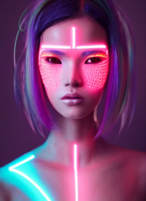 Image similar to photorealistic portrait of oriental female humanoid with freckle cheeks, dyed hair, cyber neon lightings, highly detailed, cyberpunk high fashion, elegant, crispy quality, trending in artstation, trending in pinterest, glamor pose, no signature, no watermark, cinematic, octane render, art by artgerm, art by greg rutkowski, art by pascal blanche