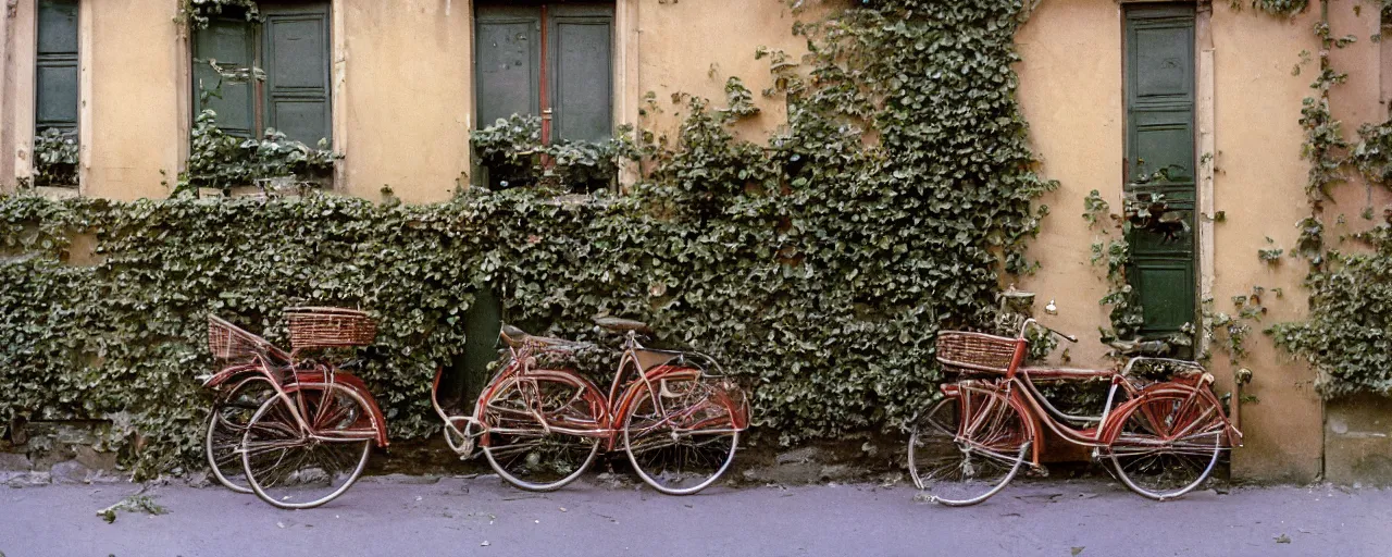 Prompt: spaghetti growing on ivy on a parisian side street, 1 9 5 0 s, canon 5 0 mm, bicycle, kodachrome, in the style of wes anderson, retro