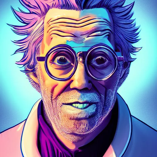 Image similar to portrait art illustration of old rick sanchez, lab coat and tee shirt, lens flare, atmosphere, glow, detailed, intricate, full of colour, cinematic lighting, 4 k, hyperrealistic, focused, extreme details, cinematic, masterpiece