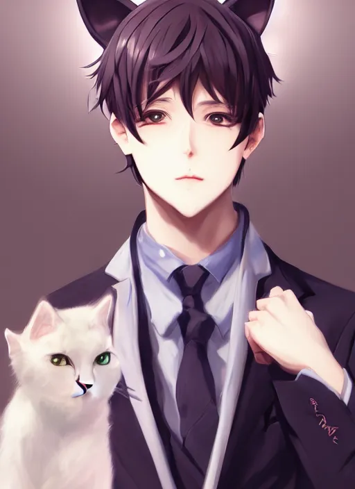 Image similar to A realistic anime portrait of a handsome young man with cat ears wearing a suit, by WLOP and Rossdraws, digtial painting, trending on ArtStation, deviantart