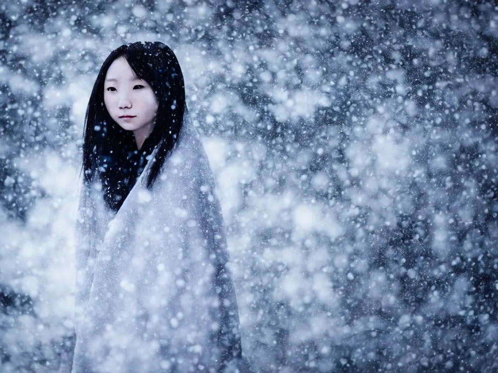 Prompt: the piercing stare of yuki onna, snowstorm, blizzard, mountain snow, canon eos r 6, bokeh, outline glow, asymmetric unnatural beauty, little smile, billowing cape, blue skin, centered, rule of thirds