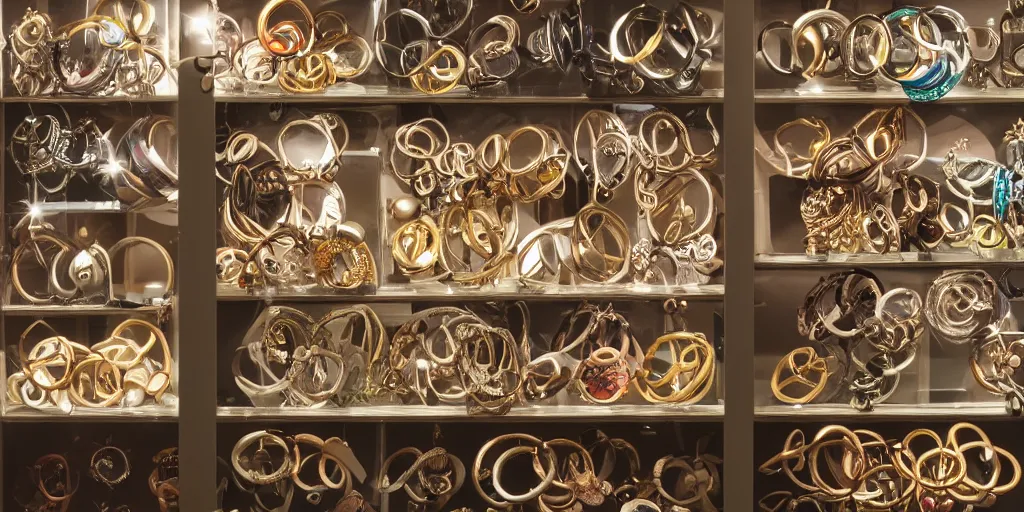 Prompt: maximalist style collection of rings in a display cabinet, product shot, studio lighting, contemporary design