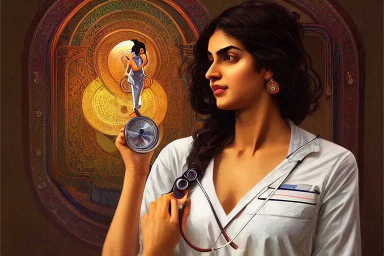 Image similar to sensual pale beautiful indian doctor in jeans with stethoscope, art deco portrait, elegant, intricate, digital painting, artstation, concept art, smooth, sharp focus, illustration, art by artgerm and greg rutkowski and alphonse mucha